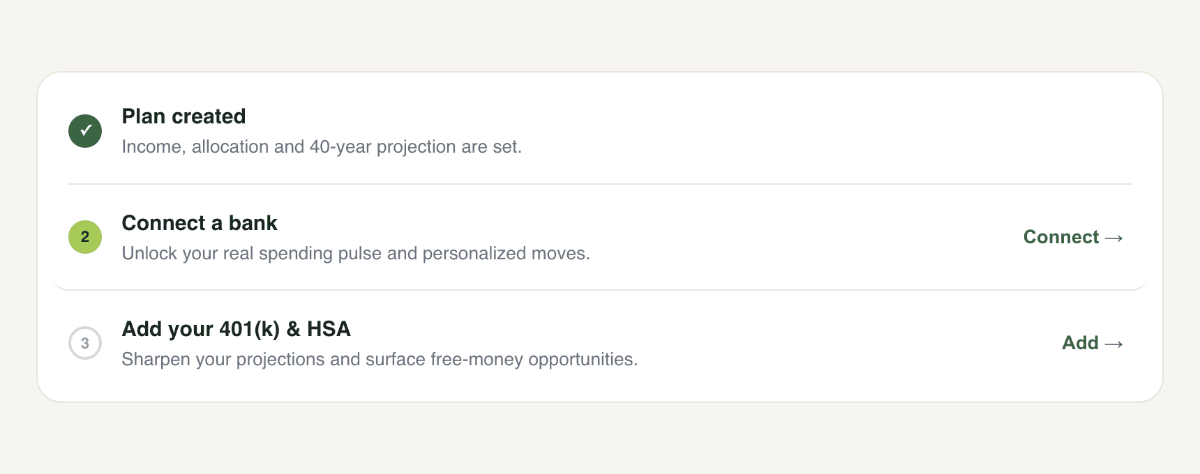 WeLeap setup checklist: plan created, connect a bank, add your 401(k) and HSA