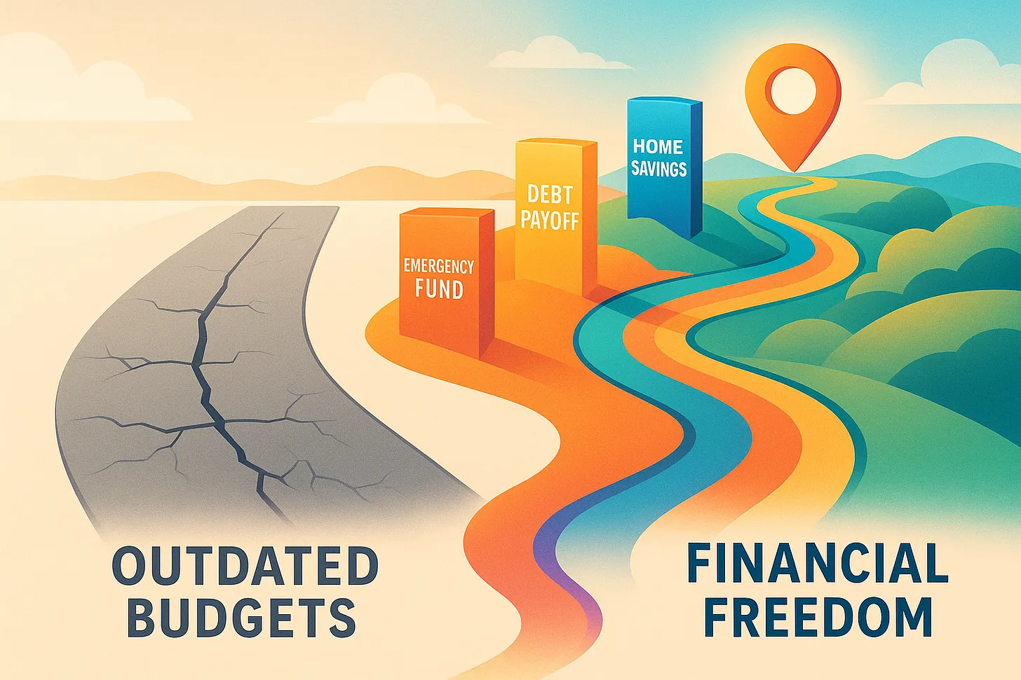 Illustration showing the journey from outdated budgets to financial freedom through emergency fund, debt payoff, and home savings