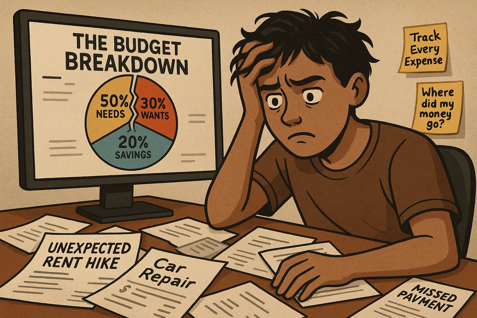 Frustrated person at computer looking at rigid budget breakdown pie chart (50% NEEDS, 30% WANTS, 20% SAVINGS) while surrounded by scattered bills for unexpected rent hike, car repair, missed payments, and sticky notes asking 'Where did my money go?' and 'Track Every Expense' - illustrating the disconnect between perfect budgets and messy real life