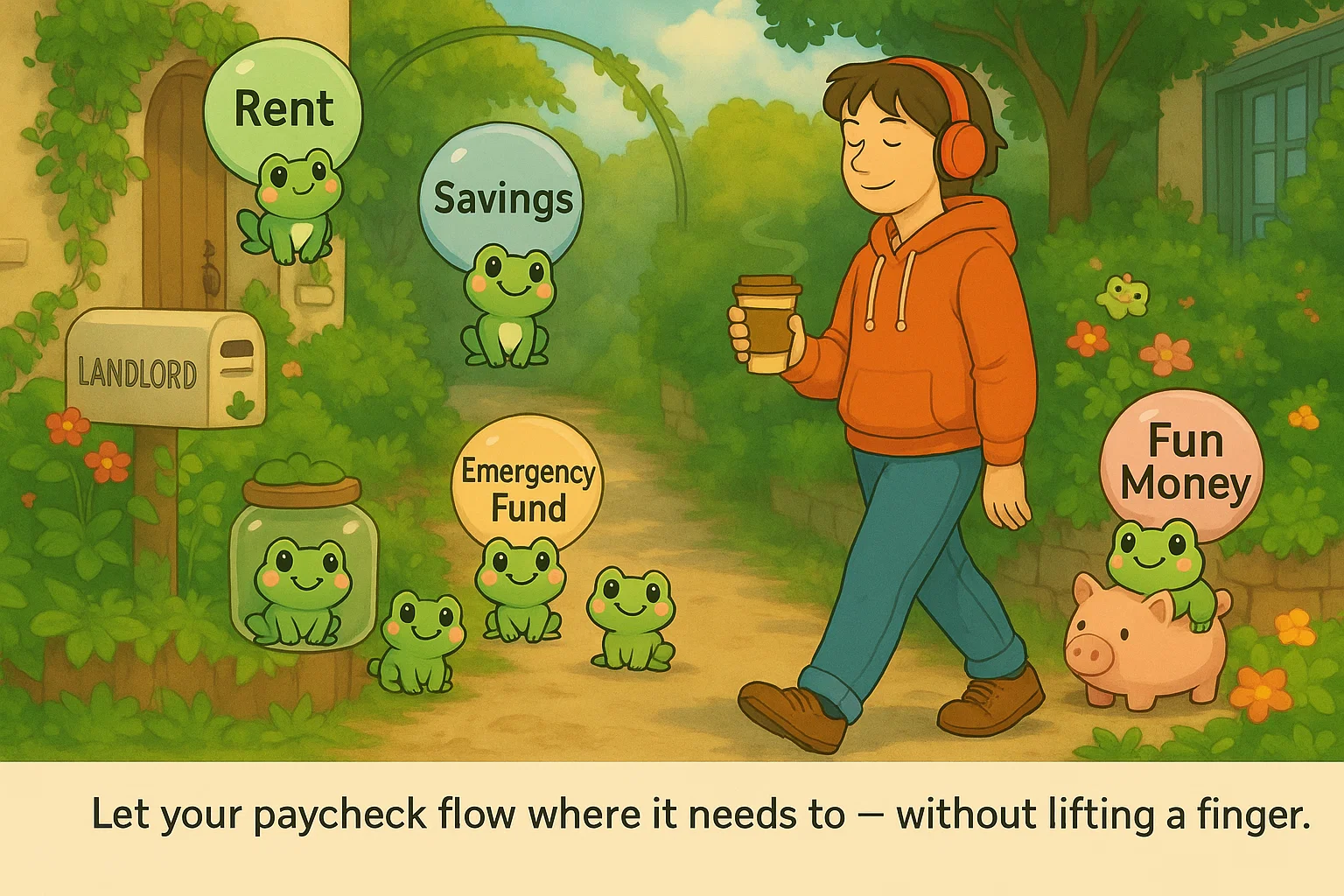Person in orange hoodie walking through park with WeLeap frog mascots managing financial categories like Rent, Savings, Emergency Fund, and Fun Money automatically - Let your paycheck flow where it needs to without lifting a finger