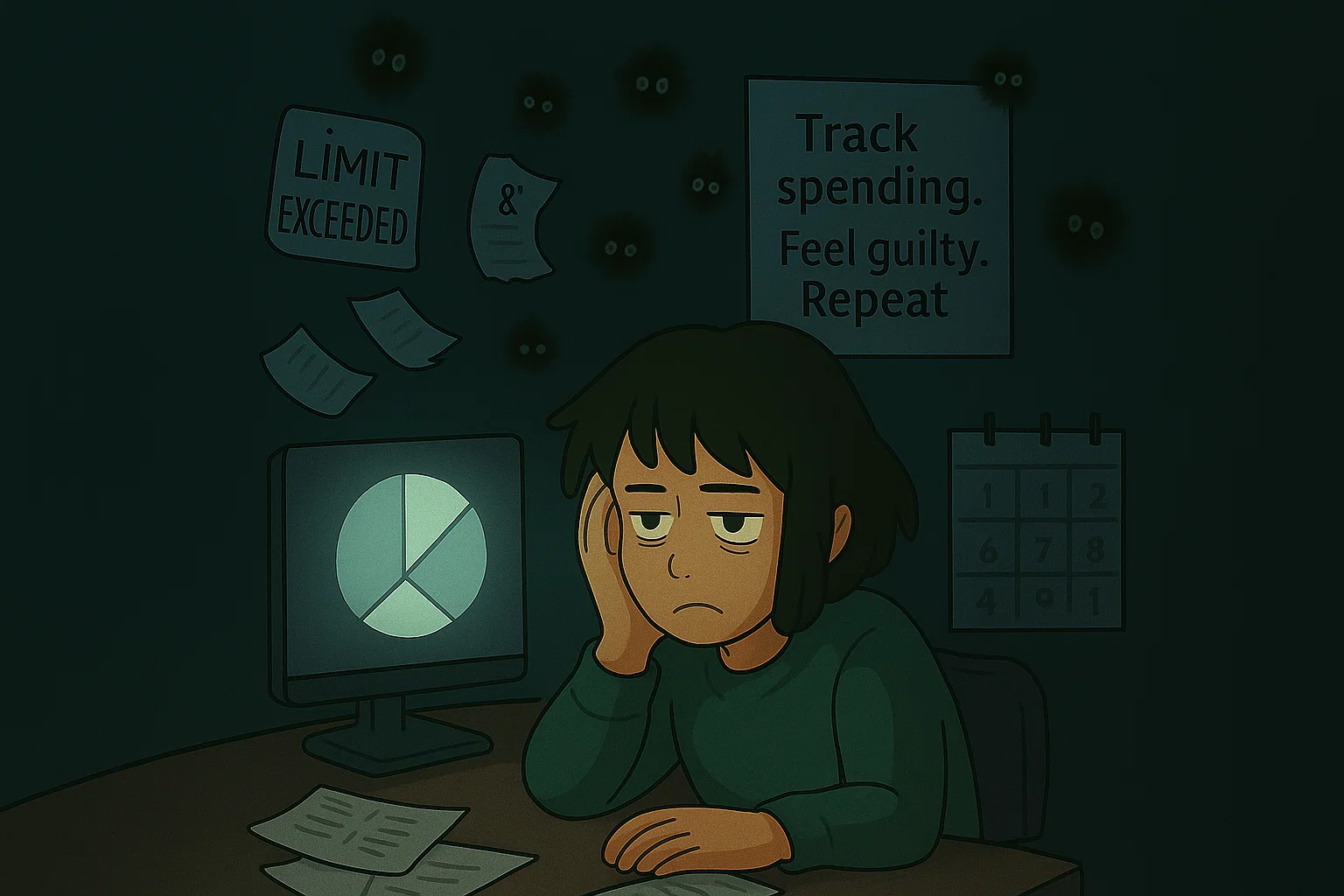 Person sitting frustrated at desk with head in hand, surrounded by the passive budgeting trap - computer showing pie chart, scattered bills, 'LIMIT EXCEEDED' notification, and prominent sign reading 'Track spending. Feel guilty. Repeat.' with dollar signs floating around - perfectly illustrating how people get stuck in budgeting awareness without taking action