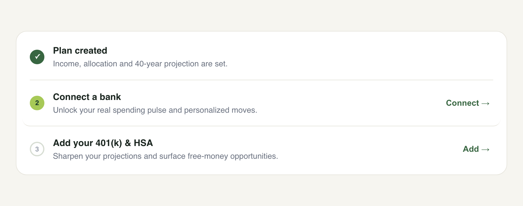WeLeap setup checklist: plan created, connect a bank, add your 401(k) and HSA