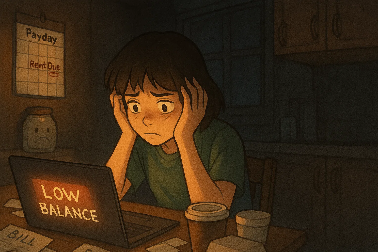 Stressed person sitting at laptop with head in hands, laptop screen showing 'LOW BALANCE' warning, with calendar in background showing 'Payday' and 'Rent Due', empty savings jar on shelf, and scattered bills on desk - capturing the moment of rent-check panic when you realize you're broke right after getting paid