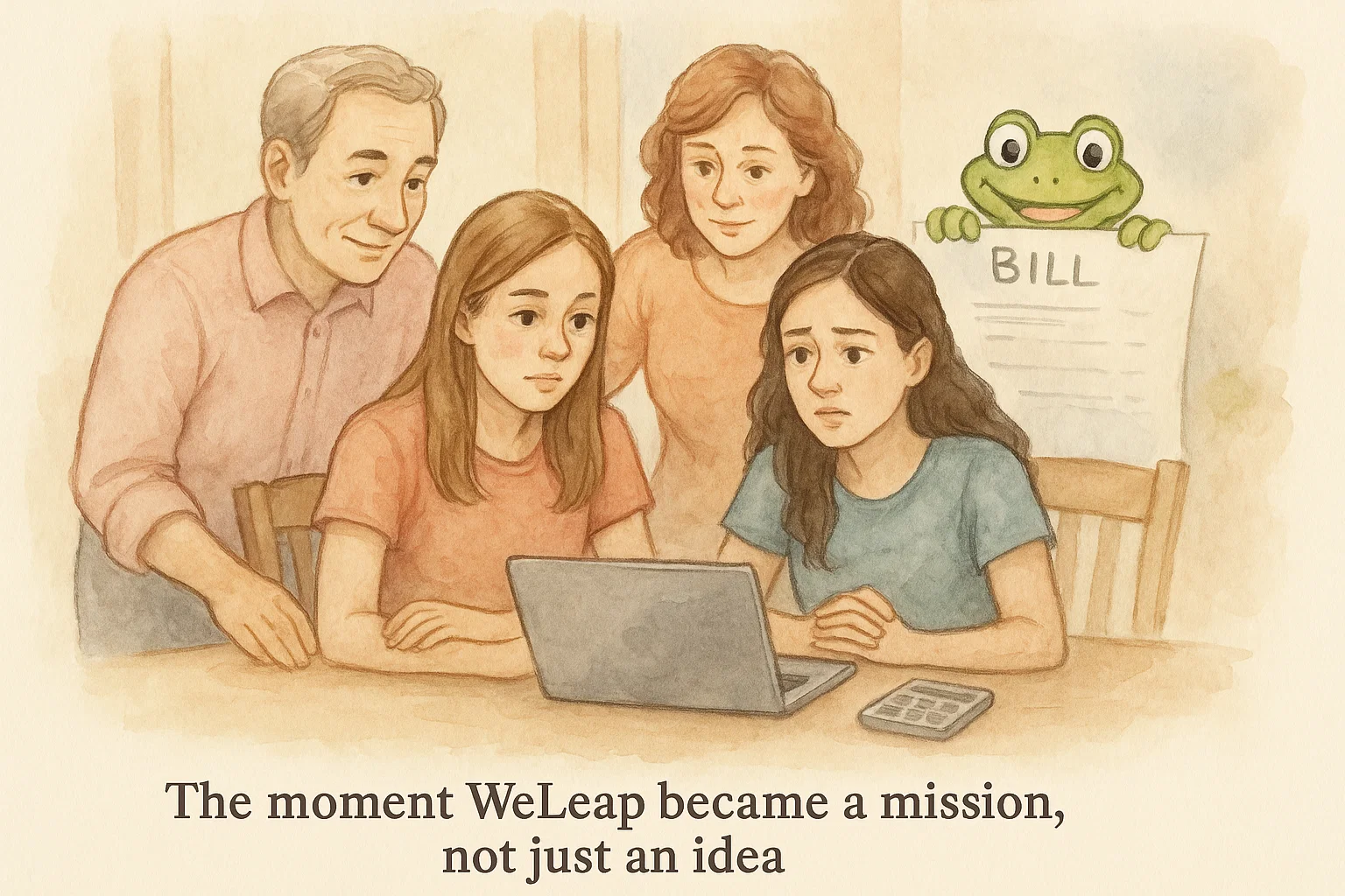WeLeap founders Vinod Lakhani and Maurizio Greco with their daughters around a laptop with Ribbit mascot - the personal moment WeLeap became a mission, not just an idea
